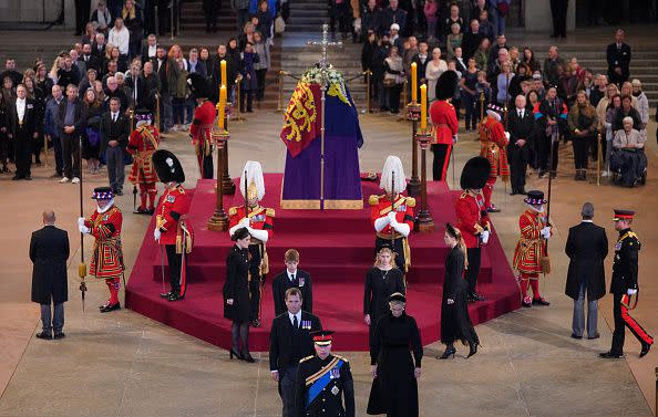 LONDON, ENGLAND - SEPTEMBER 17: Queen Elizabeth II 's grandchildren (left to right, from bottom) Prince William, Prince of Wales, Peter Phillips, Zara Tindall, James, Viscount Severn, Lady Louise Windsor, Princess Eugenie, Princess Beatrice, and the Prince Harry, Duke of Sussex, depart after holding a vigil  in honour of Queen Elizabeth II at Westminster Hall on September 17, 2022 in London, England. Queen Elizabeth II's grandchildren mount a family vigil over her coffin lying in state in Westminster Hall. Queen Elizabeth II died at Balmoral Castle in Scotland on September 8, 2022, and is succeeded by her eldest son, King Charles III. (Photo by Yui Mok-WPA Pool/Getty Images)