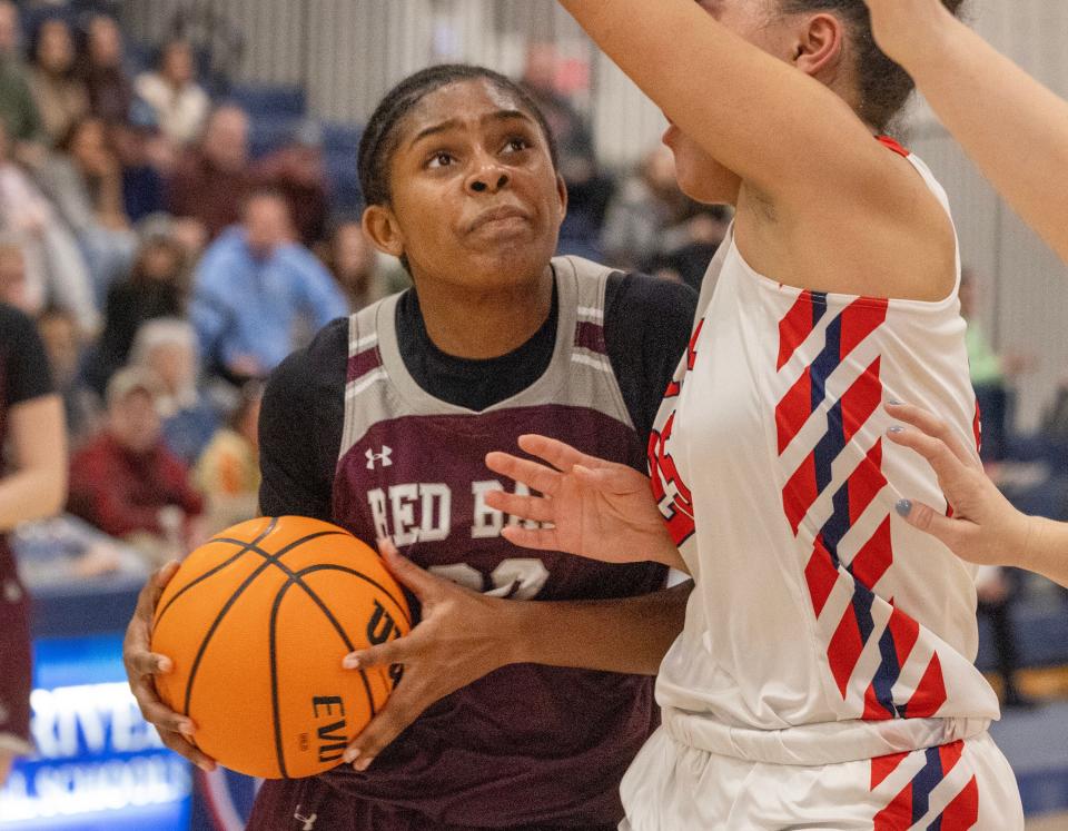 Red Bank’s Synai Blychanton drives into basket for a shot. Red Bank Regional Girls Basketball defeats Wall 54-51 in WOBM Christmas Classic Cervino Final on December 30, 2023 in Toms River NJ.