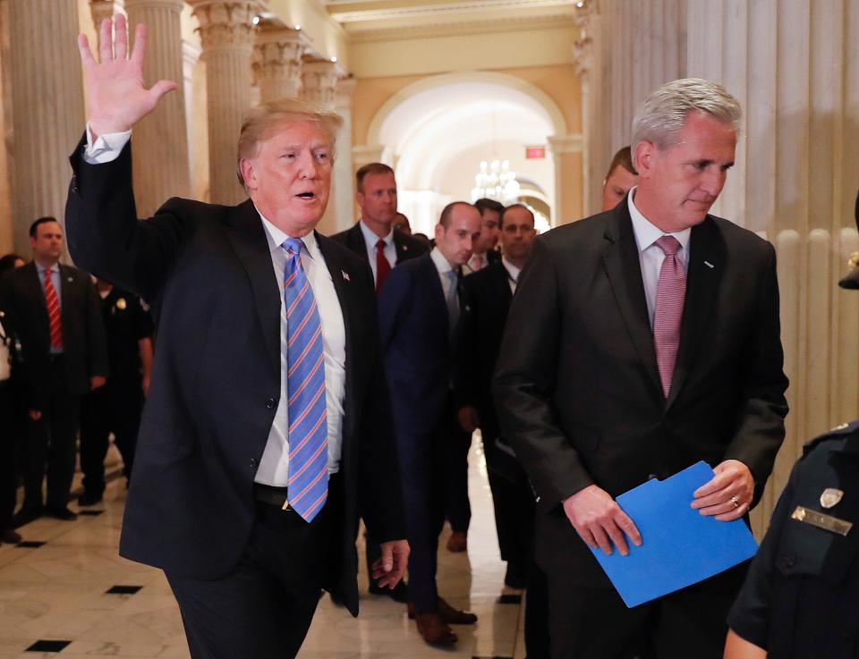 President Donald Trump and House Republican  leader Kevin McCarthy of California leave the U.S. Capitol in 2018.