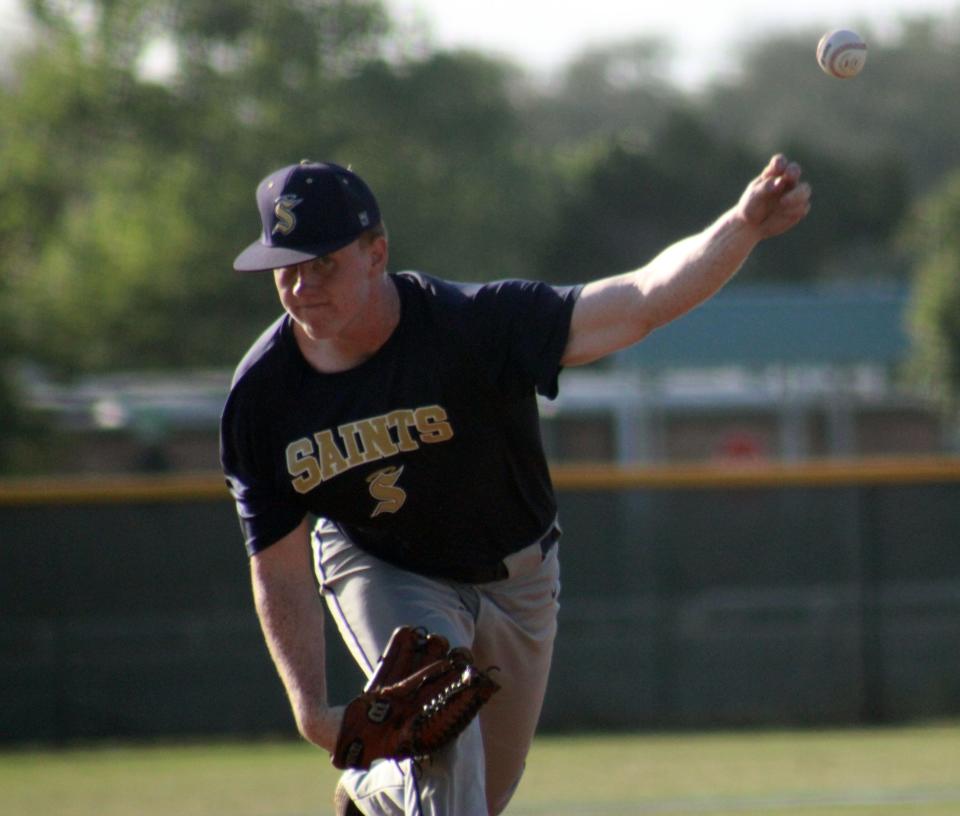 Sandalwood pitcher Cooper Whited (33) delivers a pitch against Fletcher during the Gateway Conference baseball championship.