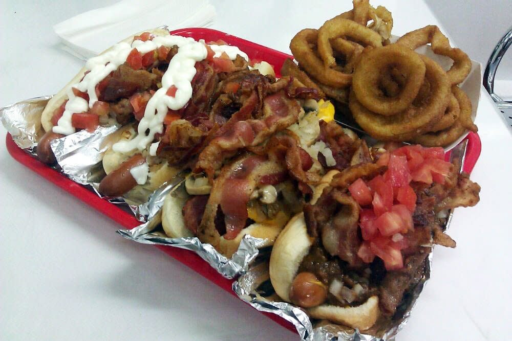 Martha Stewart dogs, chili cheese dog, planet hollywood dog at Pink's Hot Dogs in Los Angeles, CA