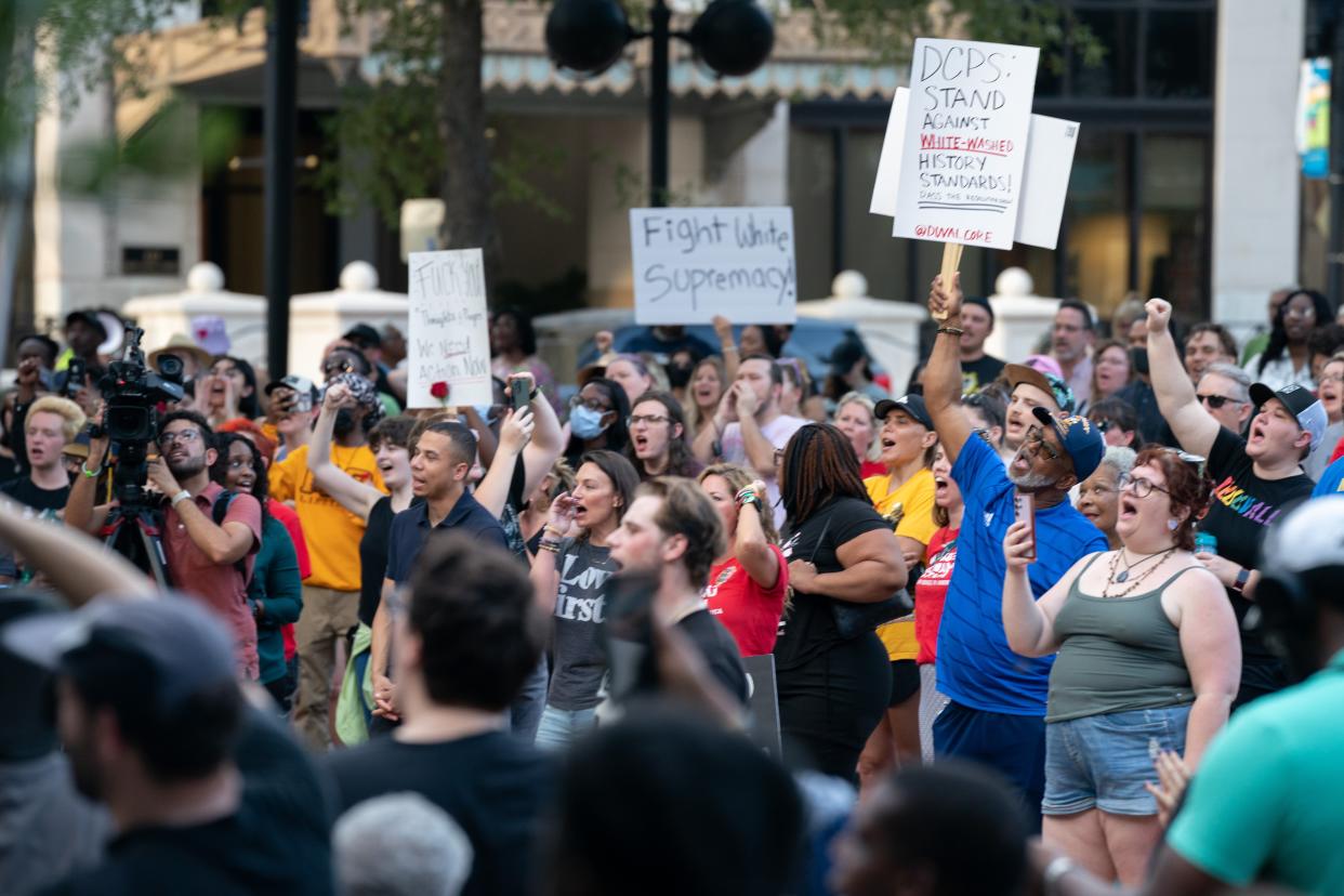 People respond to a speaker during a rally against white supremacy at James Weldon Johnson Park August 28, 2023 in Jacksonville, Florida (Getty Images)
