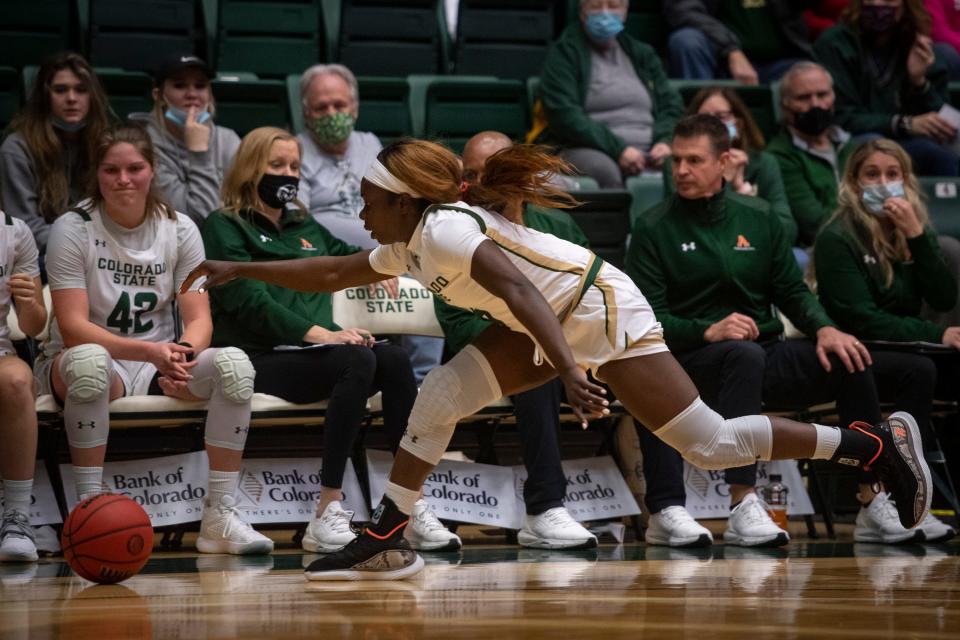 Colorado State's Upe Atosu chases down the lose ball during their game against Air Force on Thursday night at Moby Arena. The Falcons beat the Rams 77-52.