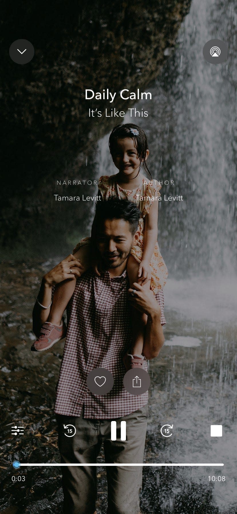 a man walks with a young girl on his shoulders in a screenshot of the meditation app Calm