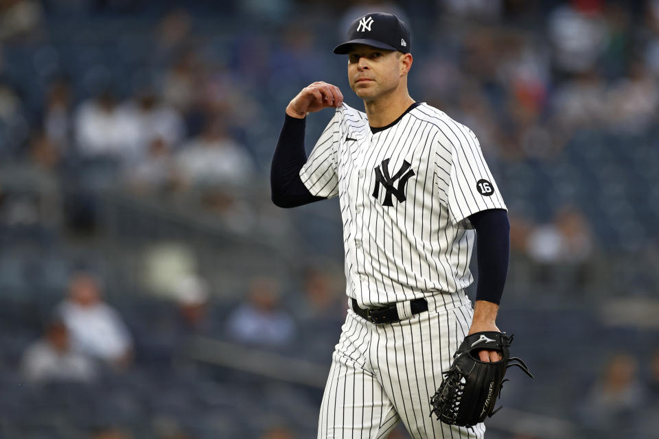 Corey Kluber #28 of the New York Yankees walks to the dugout against the Toronto Blue Jays during the second inning at Yankee Stadium on May 25, 2021 in the Bronx borough of New York City. (Photo by Adam Hunger/Getty Images)