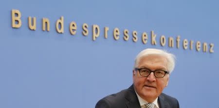 German Foreign Minister Frank-Walter Steinmeier arrives for a news conference with his French counterpart Minister Laurent Fabius (not pictured) in Berlin October 15, 2014. REUTERS/Fabrizio Bensch/Files