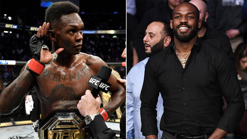 Israel Adesanya (pictured left) calling out to the crowd and Jon Jones (pictured right) in the crowd smiling.