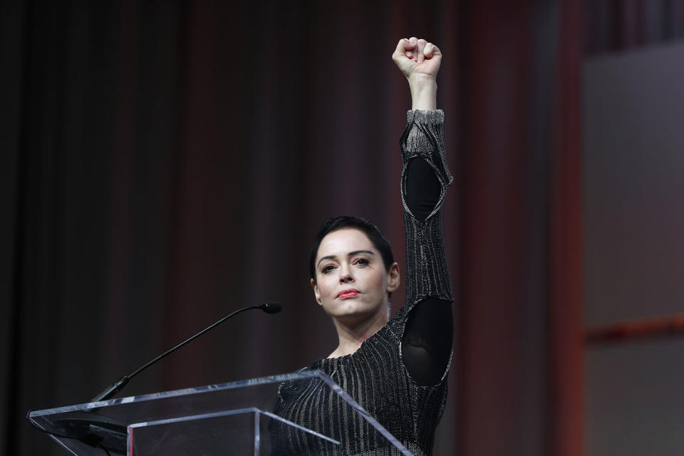 Rose McGowan speaks at the inaugural Women’s Convention in Detroit on Friday. (AP Photo/Paul Sancya)