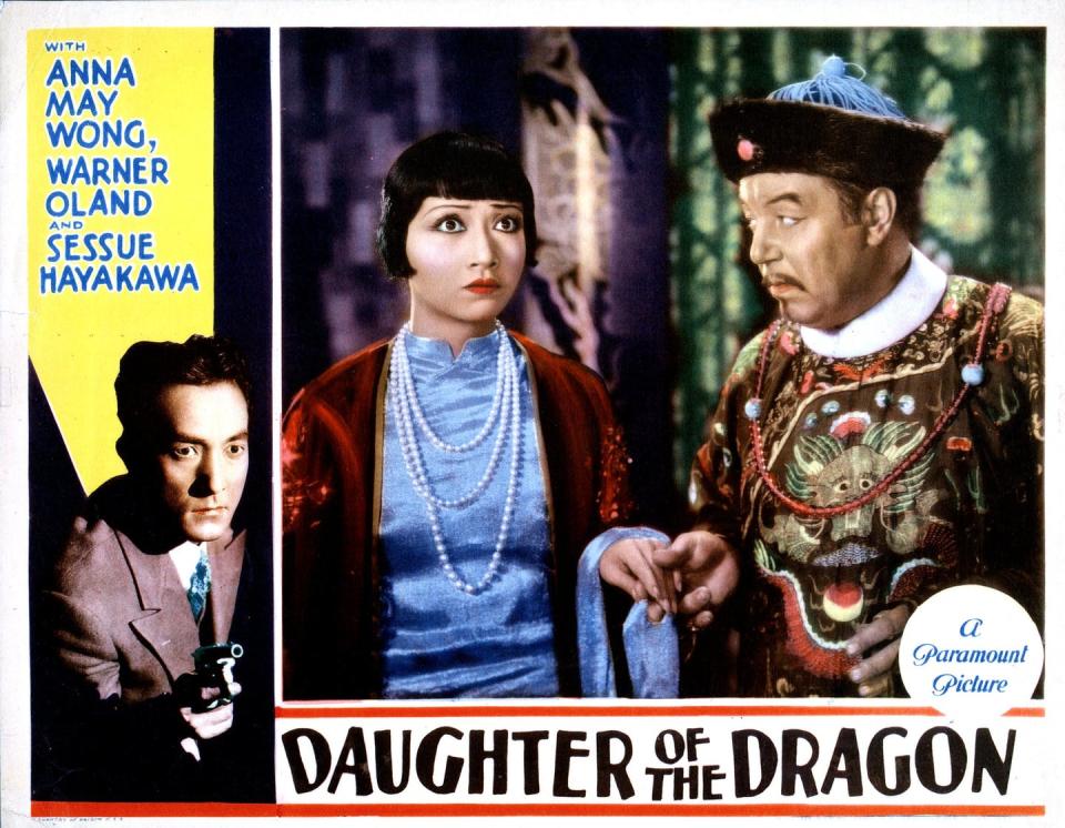 <span class="caption">In ‘Daughter of the Dragon,’ Anna May Wong starred alongside Warner Oland, a Swedish-American actor who often appeared in yellowface.</span> <span class="attribution"><a class="link " href="https://www.gettyimages.com/detail/news-photo/daughter-of-the-dragon-lobbycard-from-left-sessue-hayakawa-news-photo/1137286739?adppopup=true" rel="nofollow noopener" target="_blank" data-ylk="slk:LMPC/Getty Images;elm:context_link;itc:0;sec:content-canvas">LMPC/Getty Images</a></span>