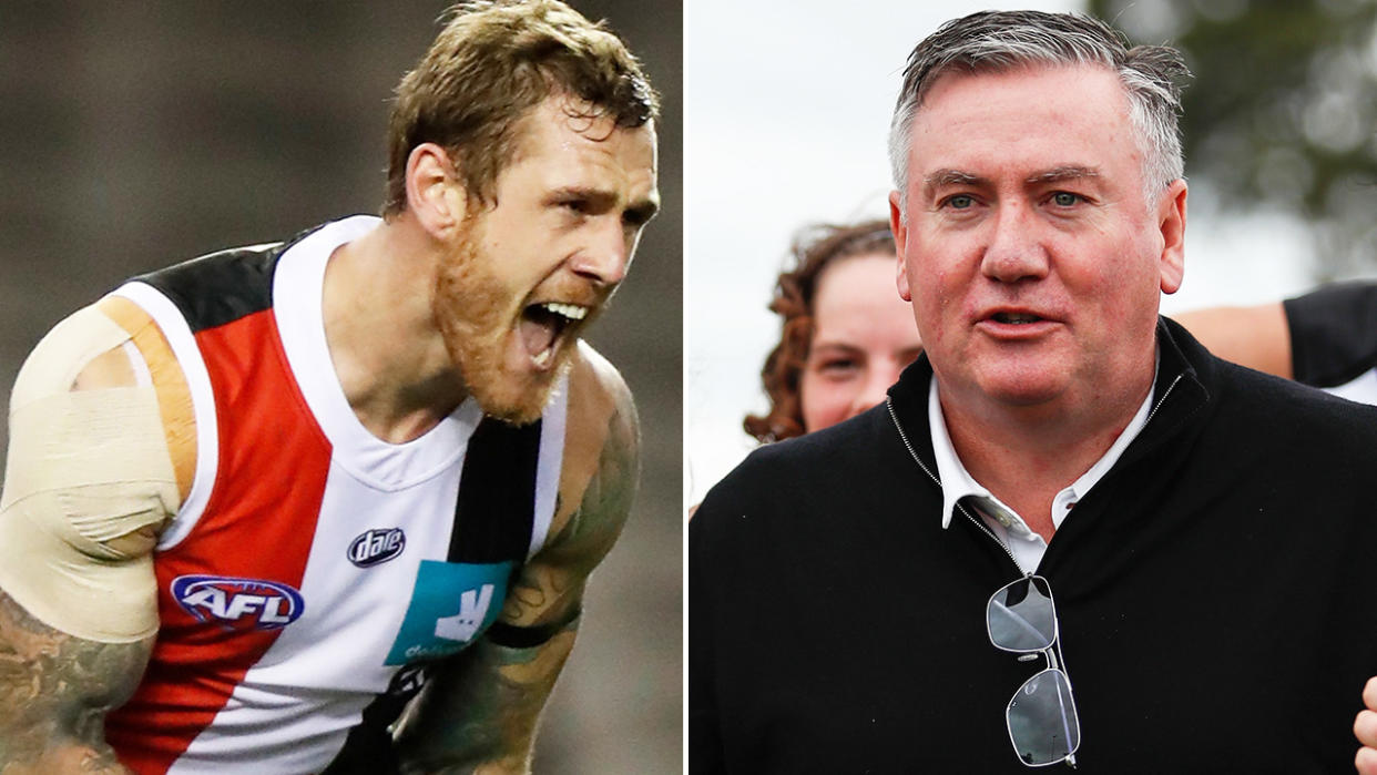 A 50-50 split image shows St Kilda's Tim Membrey on the left and AFL commentator Eddie McGuire on the right.