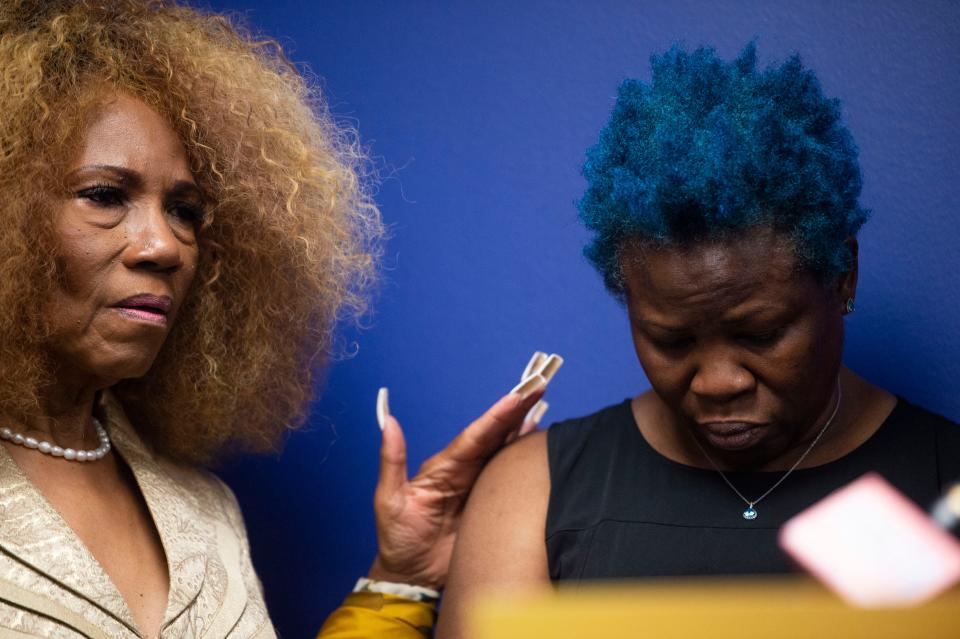 Deputy Nashville Mayor Brenda Haywood, comforts Shaundelle Brooks, president of the Akilah DeSilva Foundation, during a news conference at Cordell Hull State Office Building in Nashville , Tenn., Thursday, July 20, 2023. Brooks spoke about her son, Akilah Shaundelle, who was killed in the 2018 Waffle House shooting.