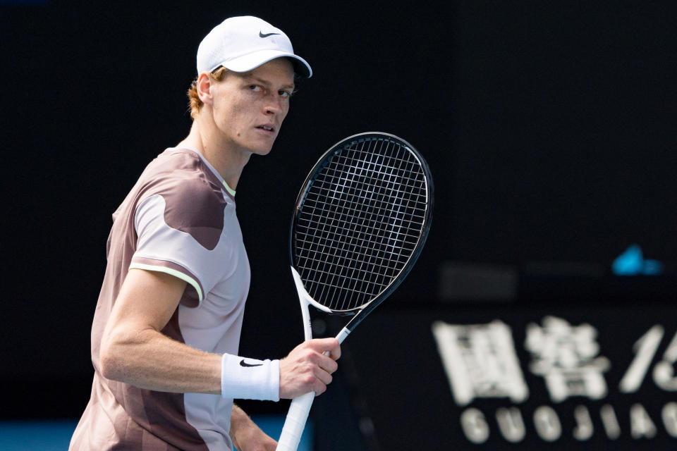 MELBOURNE, AUSTRALIA - JANUARY 26: Jannik Sinner of Italy celebrates a point in his semifinal singles match against Novak Djokovic of Serbia during day thirteen of the 2024 Australian Open at Melbourne Park on January 26, 2024 in Melbourne, Australia. (Photo by Andy Cheung/Getty Images)