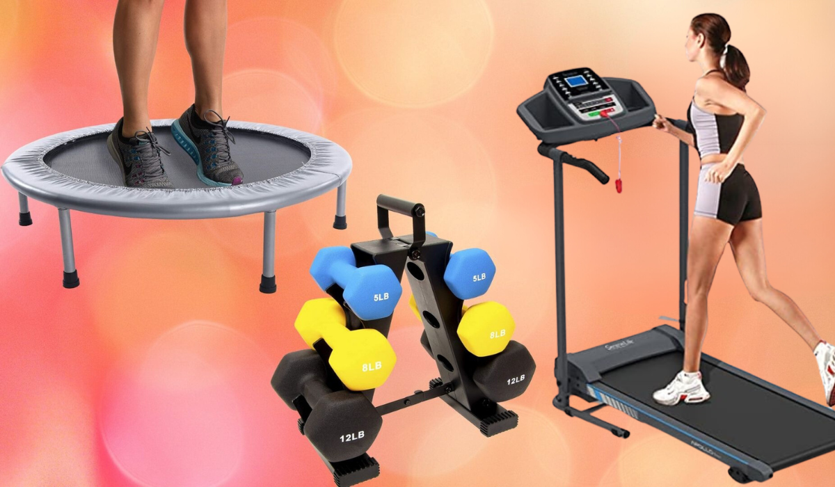 person on trampoline, set of hand weights, woman running on treadmill