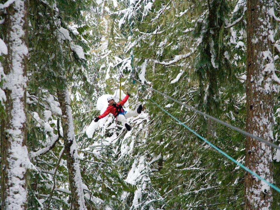 A person zip lines through snow-covered trees.