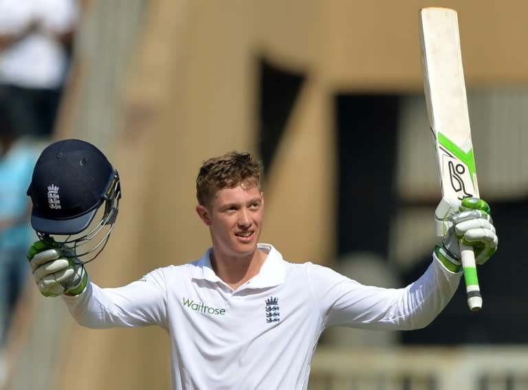 England's Keaton Jennings celebrates after reaching his century on the first day of the fourth Test against India in Mumbai on December 8, 2016