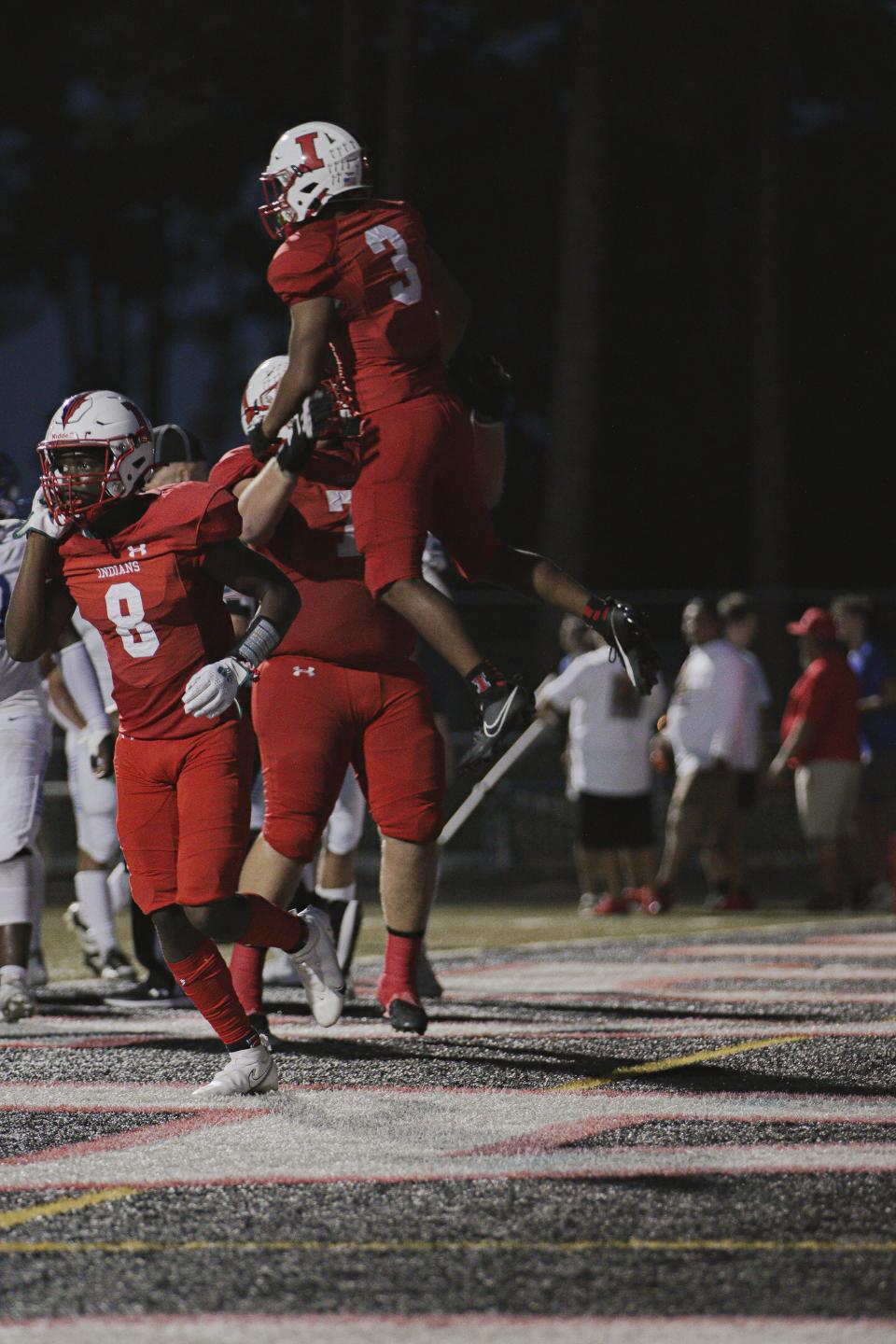 Jayden Mixon of Immokalee celebrates touchdown to tie up the score against Barron Collier at Immokalee on Friday, Sept. 22, 2023.