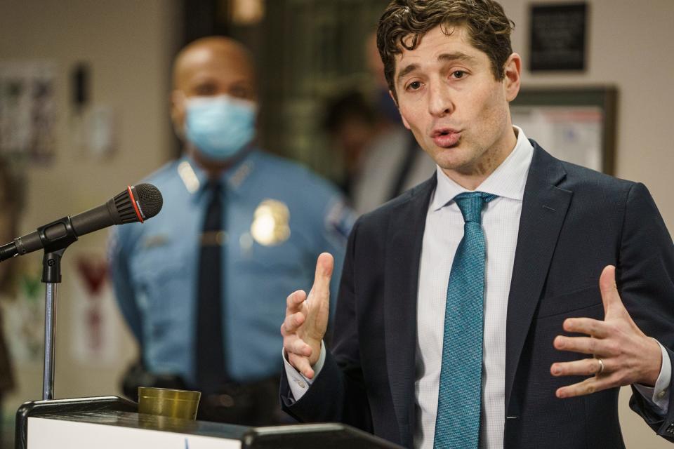 FILE - Minneapolis Mayor Jacob Frey addresses the media on Wednesday Feb. 17, 2021 in Minneapolis. Frey announced a sweeping set of public safety proposals that he said would make all neighborhoods in the city safe, while holding police officers accountable. The proposals were announced Monday, May 17, 2021 after a particularly violent weekend during which a 9-year-old girl was shot in the head in a north Minneapolis neighborhood. (Richard Tsong-Taatarii/Star Tribune via AP, Pool) ORG XMIT: MNMIT210