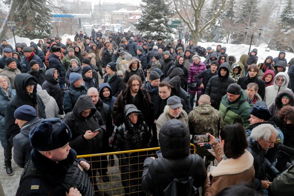 Dozens of Igor Girkin’s supporters gather outside the Moscow City Court on Thursday during his verdict (EPA)