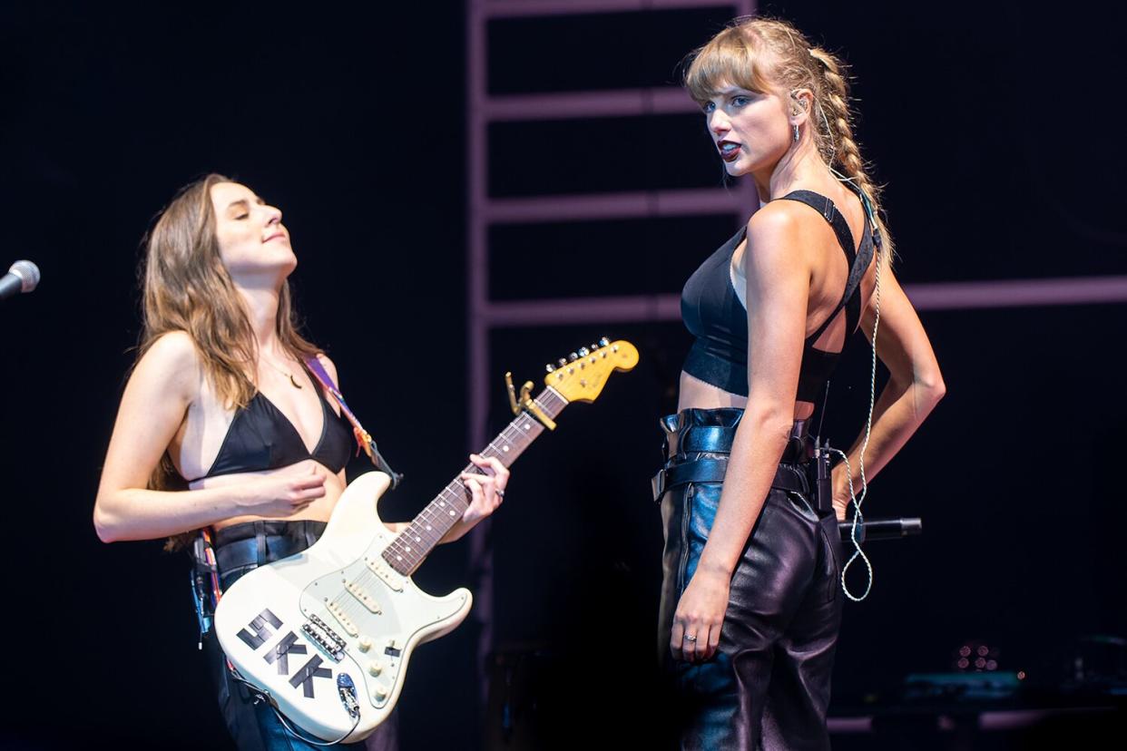 Taylor Swift and Haim perform at The O2 Arena on July 21, 2022 in London, England