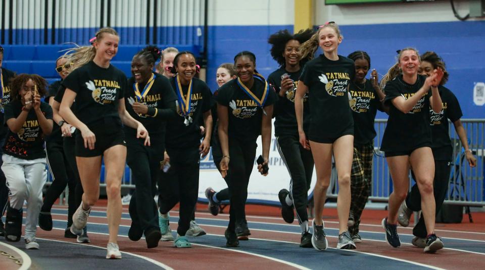 Tatnall celebrates its girls team title at the conclusion of the DIAA state high school indoor track and field championships at Prince George's Sports and Learning Complex in Landover, Md., Saturday, Feb. 4, 2023.