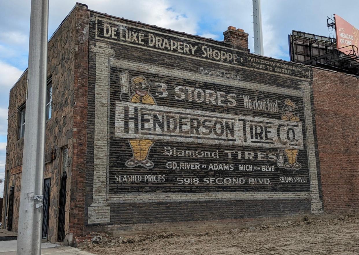 A recent demolition along the 9000 block of Grand River exposes a ghost sign from Detroit's Jim Crow-era. The 100-year-old advertisement for Henderson Tire Company features historically anti-black caricatures, promoting the company's three locations that are still in operation today as Henderson Glass Company.