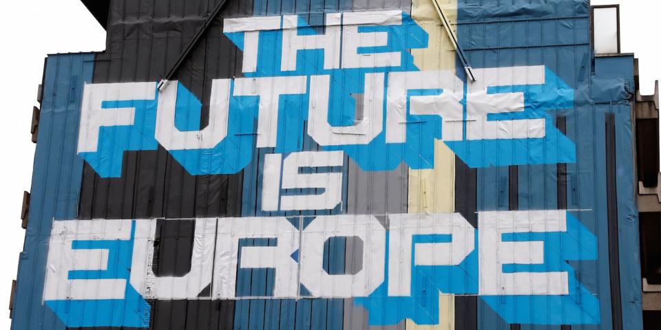 A mural is pictured on a facade of a building near the European Union institutions in Brussels, Belgium June 27, 2017.