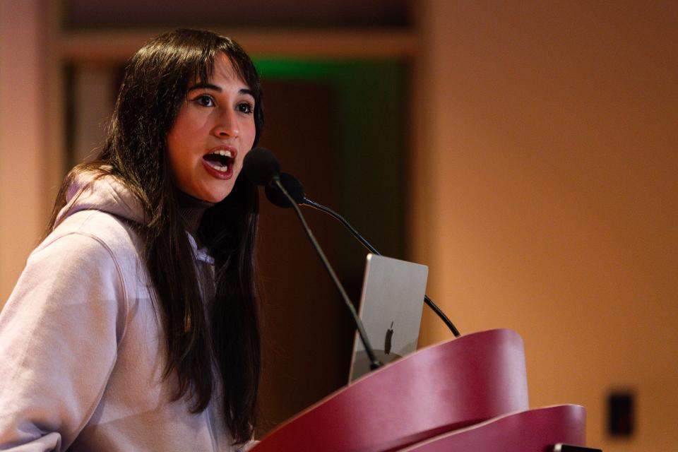 Chloe Cole answers a students question at an event put on by student group Young Americans for Freedom at the University of Utah in Salt Lake City on Thursday, Nov. 30, 2023. Cole previously identified as transgender and received medical interventions but has since “detransitioned” to the gender she was assigned at birth. | Megan Nielsen, Deseret News