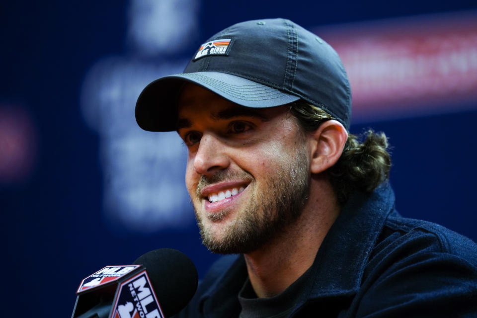 Philadelphia Phillies' Aaron Nola speaks with members of the media during a baseball news conference, Thursday, Oct. 13, 2022, in Philadelphia, ahead of Game 3 of a National League Division Series against the Atlanta Braves. (AP Photo/Matt Rourke)