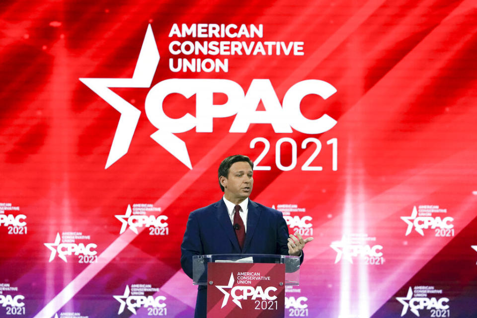 Florida Gov. Ron DeSantis speaks at the Conservative Political Action Conference (CPAC) Friday, Feb. 26, 2021, in Orlando, Fla. (AP Photo/John Raoux)