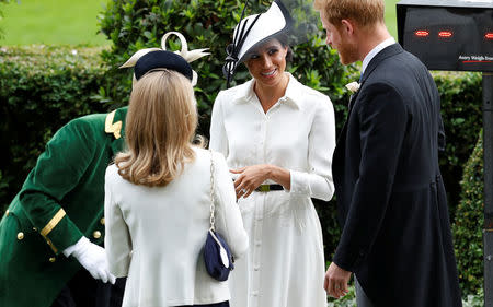 Horse Racing - Royal Ascot - Ascot Racecourse, Ascot, Britain - June 19, 2018 Britain's Prince Harry and Meghan, the Duchess of Sussex look on during a trophy presentation REUTERS/Peter Nicholls