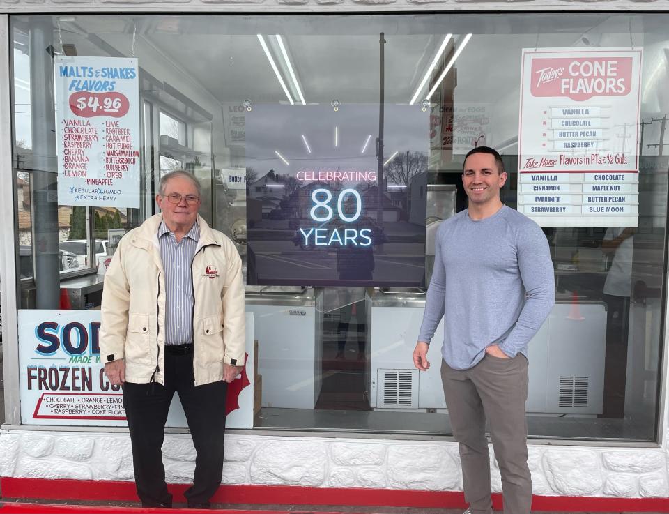 Ron Schneider, left, and his son Steven Schneider celebrated 80 years of Leon's Frozen Custard in 2022. Ron's father, Leon, started the custard spot in 1942