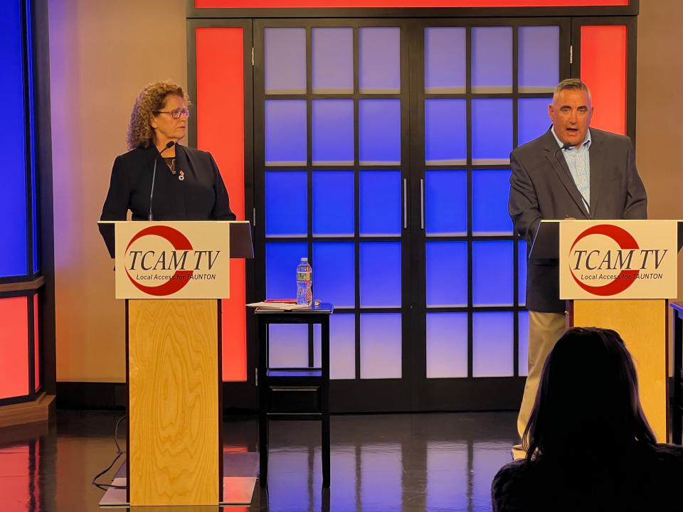 Chris Coute, right, fields a question at a debate with incumbent State Rep. Carol Doherty, D. Taunton, left, on Thursday, Oct. 20, 2022, in the TCAM studio. Coute, a Taunton city councilor, is the Republican challenger in the state rep race.