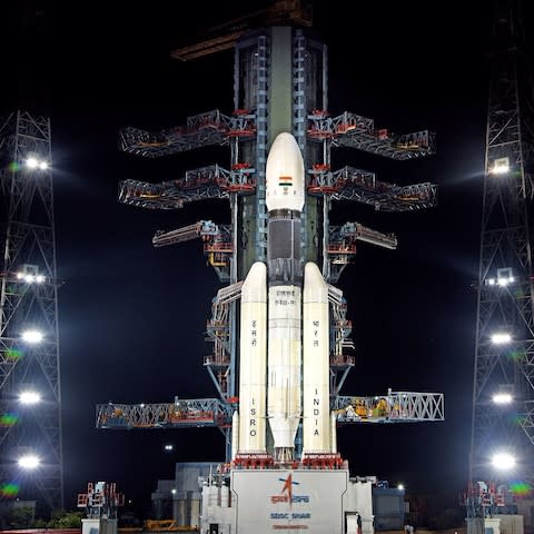 The Chandrayaan-2 as it prepared for lift off this morning - Credit: Rex