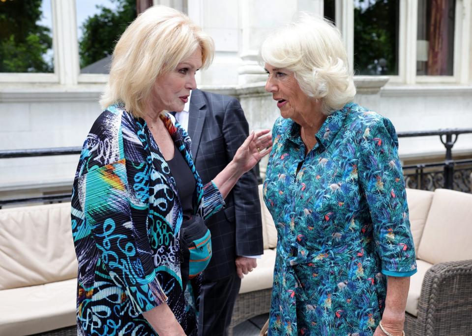LONDON, ENGLAND - JULY 12: Camilla, Duchess of Cornwall with Joanna Lumley (L) during The Oldie Luncheon, in celebration of the Duchess's 75th Birthday, at National Liberal Club on July 12, 2022 in London, England. (Photo by Chris Jackson/Getty Images)
