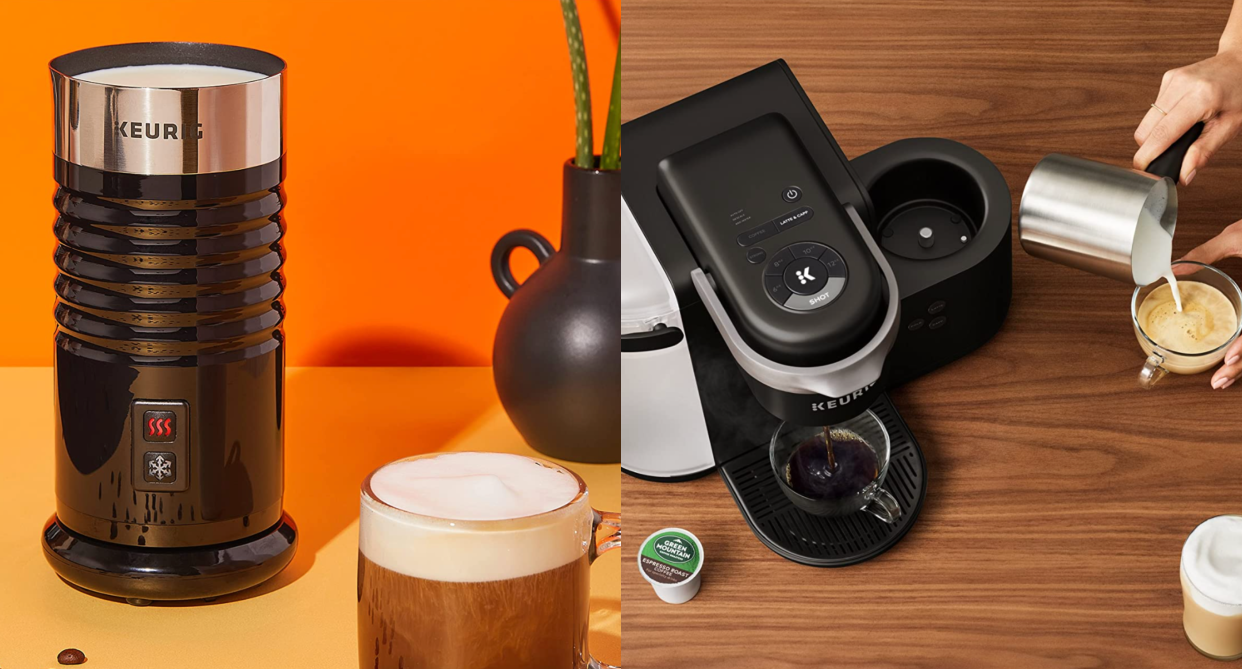 split screen of keurig milk frother on orange background and keurig coffee machine on brown table