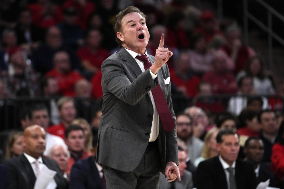 St. John's head coach Rick Pitino calls out to his team during the second half of an NCAA college basetball game against Michigan, Monday, Nov. 13, 2023, in New York. (AP Photo/Frank Franklin II)