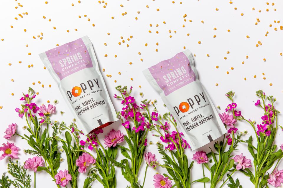 Poppy Hand-Crafted Popcorn's spring line includes Spring Confetti blend made with salted caramel popcorn with pretzels, drizzled in craft French Broad Chocolate dark and white chocolate and sprinkled with pastel M&M’s.