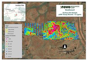 Southcourt Cu soil geochemistry (pXRF) with overlapping Co anomaly and VTEM conductors (white dashed circles).