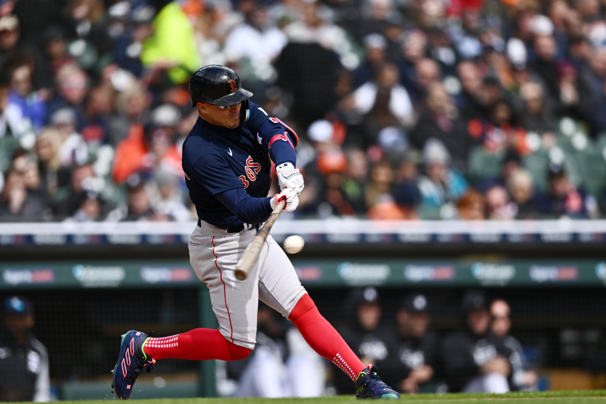 DETROIT, MI - APRIL 06:  Enrique Hernández #5 of the Boston Red Sox bats during the game between the Boston Red Sox and the Detroit Tigers at Comerica Park on Thursday, April 6, 2023 in Detroit, Michigan. (Photo by Carl Jones/MLB Photos via Getty Images)