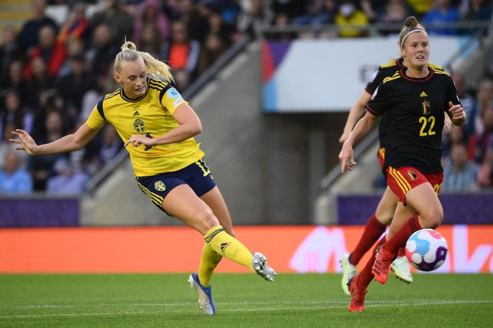 Stina Blackstenius thought she had put Sweden ahead but saw the goal ruled out for offside (AFP via Getty Images)