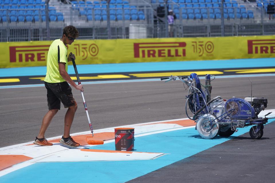 Workers make last-minute preparations Thursday for this weekend's Formula One Miami Grand Prix at Miami International Autodrome.