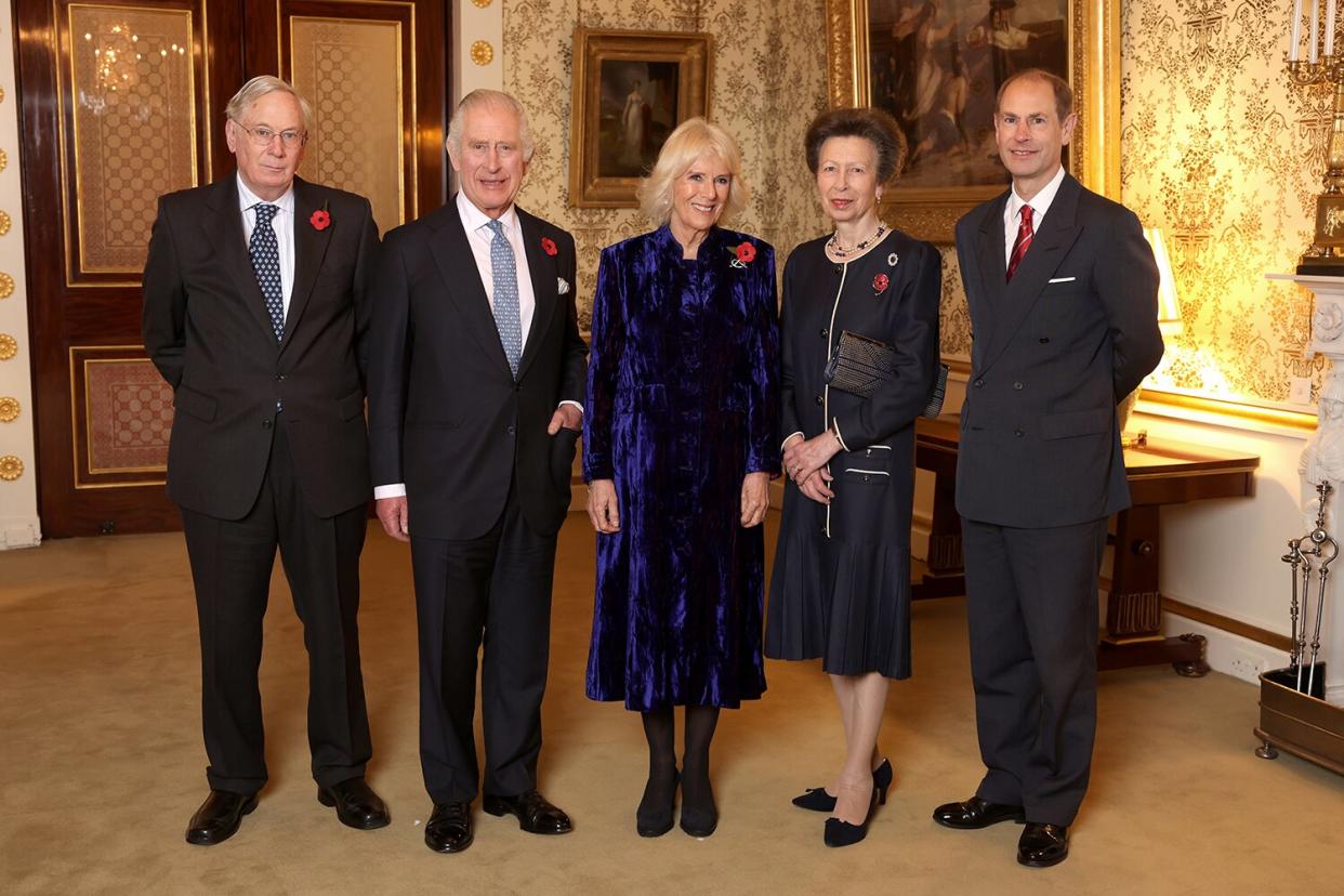 In this handout image issued by Buckingham Palace, Prince Richard, Duke of Gloucester, King Charles III, Camilla, Queen Consort, Princess Anne, Princess Royal and Prince Edward, Earl of Wessex host Team GB Tokyo Olympic medalists at Buckingham Palace on November 2, 2022 in London , England.