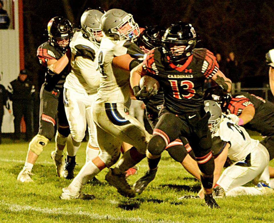 Deuel's Owen Quail (13) breaks into the open during a Class 11B first-round high school football playoff game against St. Thomas More on Thursday, Oct. 20, 2022 in Clear Lake. Deuel won 27-10.