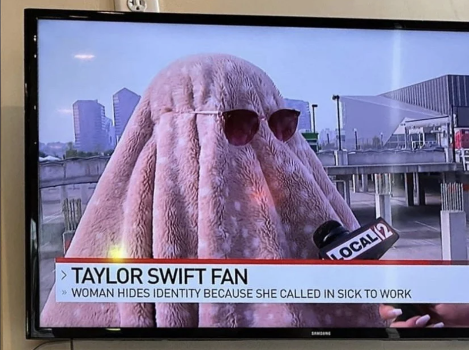 Person in oversized fuzzy costume with sunglasses being interviewed, caption mentions "TAYLOR SWIFT FAN" hiding identity