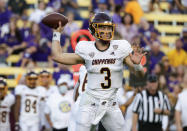 Central Michigan quarterback Jacob Sirmon (3) throws a pass against LSU during the first quarter of an NCAA college football game in Baton Rouge, La,. Saturday, Sept. 18, 2021. (AP Photo/Derick Hingle)