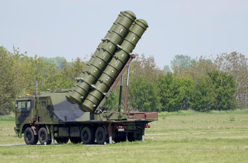 HQ-22 anti-aircraft systems, whose export version is known as FK-3, during the military exercises on Batajnica, military airport near Belgrade, Serbia, Saturday, April 30, 2022. Serbia on Saturday publicly displayed a recently delivered Chinese anti-aircraft missile system, raising concerns in the West and among some of Serbia's neighbors that an arms buildup in the Balkans could threaten fragile peace in the region. (AP Photo/Darko Vojinovic)