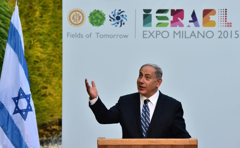 Israeli Prime Minister Benjamin Netanyahu delivers a speech during a visit to the World Expo in Milan on August 27, 2015