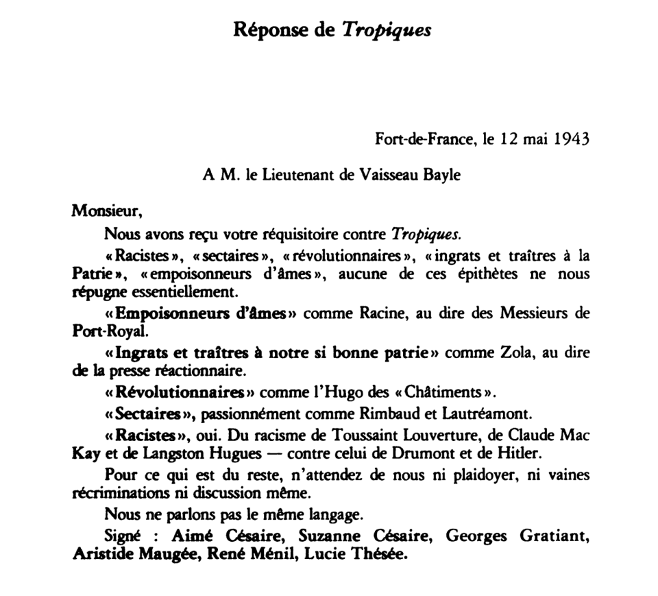 <span class="caption">Réponse de Tropiques, 12 mai, 1943. </span> <span class="attribution"><span class="source">Reproduit dans Tropiques: Collection complète, 1941-1945 (Paris: Jean-Michel Place, 1978), XXXIX</span></span>