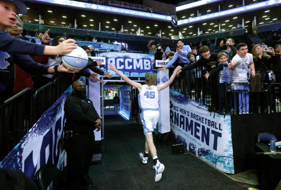 North Carolina’s Brady Manek (45) heads back to the locker room after UNCs 63-43 victory over Virginia in the quarterfinals of the ACC mens basketball tournament at the Barclays Center in Brooklyn, N.Y., Thursday, March 10, 2022.