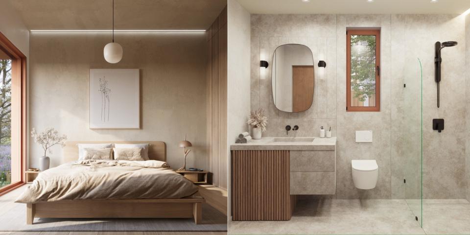rendering of a bedroom and bathroom